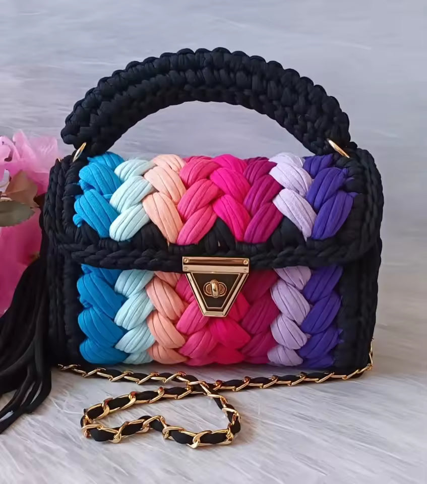 Sequined Handmade Crochet Woven Fabric Strip Handbag Purses Mssza
