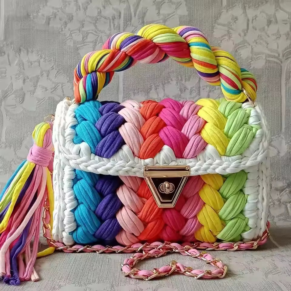 Sequined Handmade Crochet Woven Fabric Strip Handbag Purses Mssza