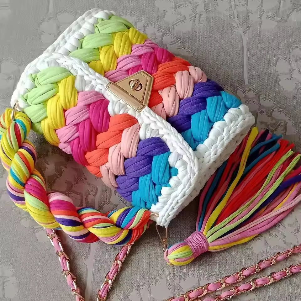 Sequined Handmade Crochet Woven Fabric Strip Handbag Purses Mssza