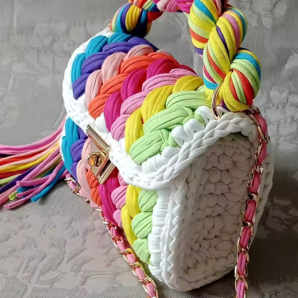 Sequined Handmade Crochet Woven Fabric Strip Handbag Purses Mssza