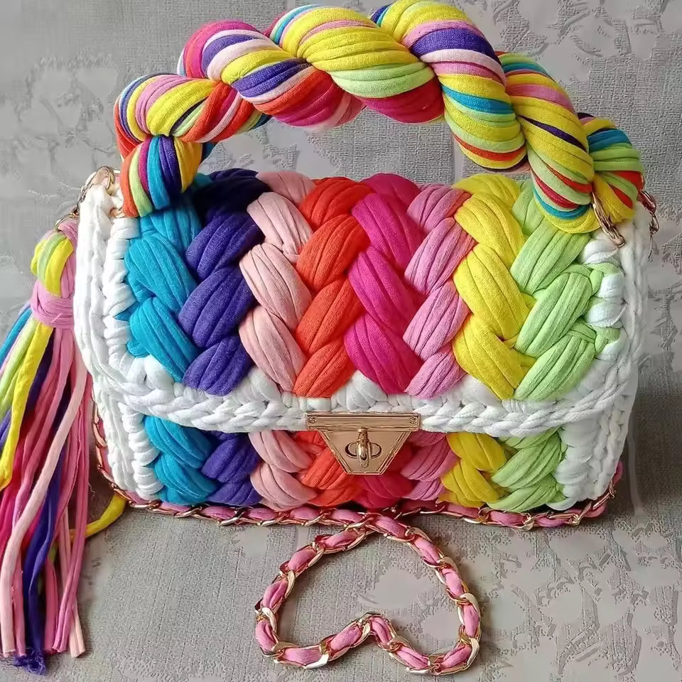 Sequined Handmade Crochet Woven Fabric Strip Handbag Purses Mssza