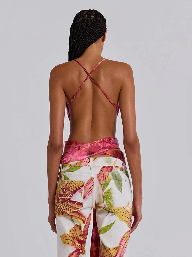 Sequined Solid Cool Cleavage Backless Lace Up Crop Tops Mssza