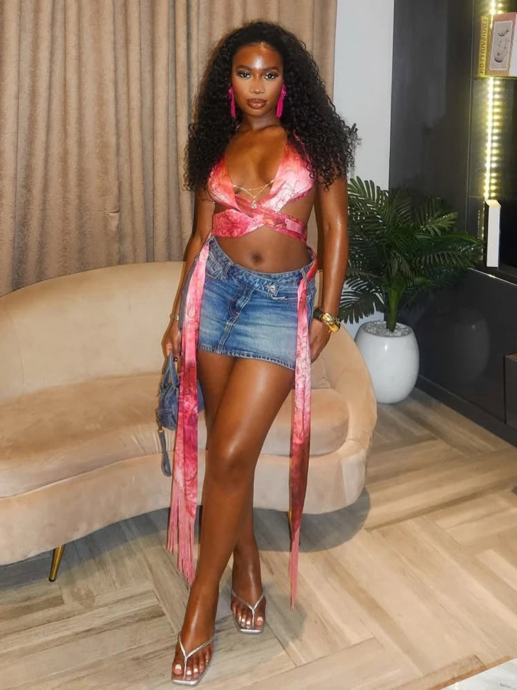 Sequined Solid Cool Cleavage Backless Lace Up Crop Tops Mssza
