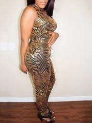Sequined Style Sleeveless Round Neck Formal Evening Long Jumpsuit Mssza