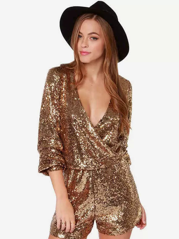 Sequined V-Neck Sequins Long Sleeves Clubwear Short Jumpsuit Mssza