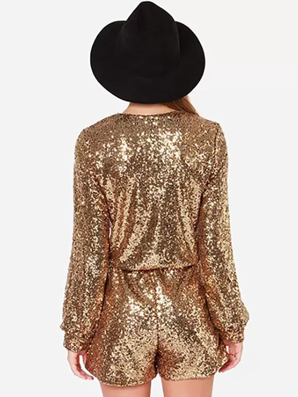 Sequined V-Neck Sequins Long Sleeves Clubwear Short Jumpsuit Mssza