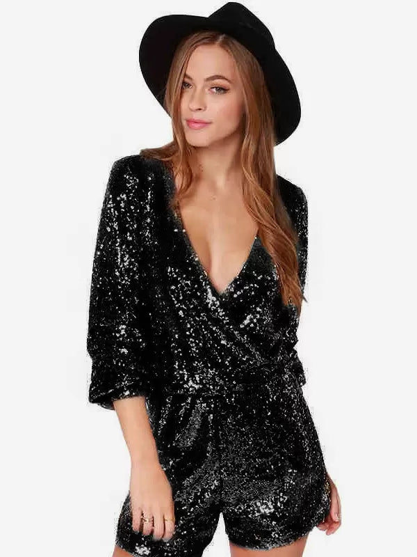 Sequined V-Neck Sequins Long Sleeves Clubwear Short Jumpsuit Mssza