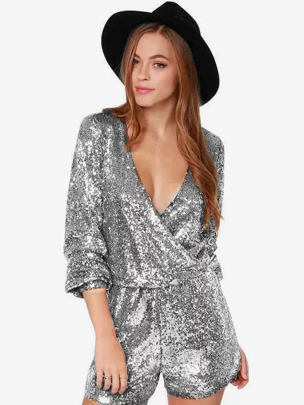 Sequined V-Neck Sequins Long Sleeves Clubwear Short Jumpsuit Mssza