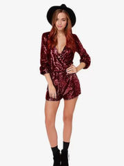 Sequined V-Neck Sequins Long Sleeves Clubwear Short Jumpsuit Mssza