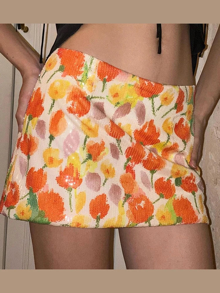 Sequins Flower Print Style Skinny Culotes Street Hottie Trend Party Clubwear Skirts Mssza