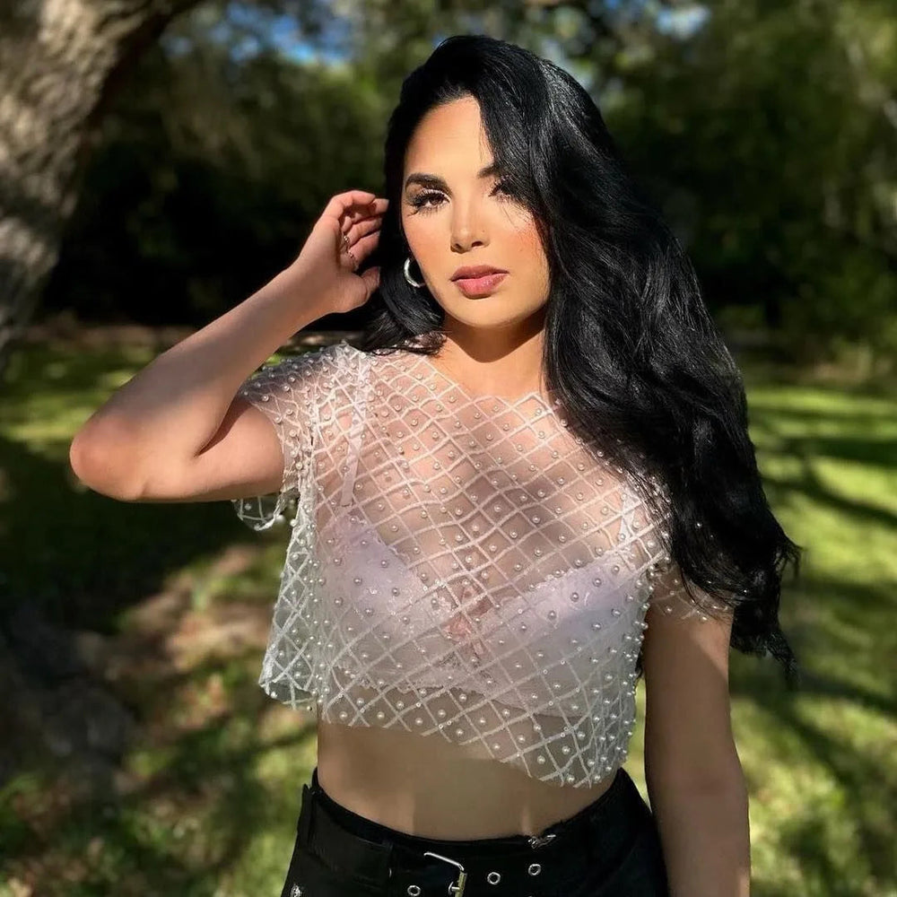 Sequins Glitter T-shirt See Through Sheer Mesh Short Sleeve Tops Transparent Sparkle Crop Tops Mssza