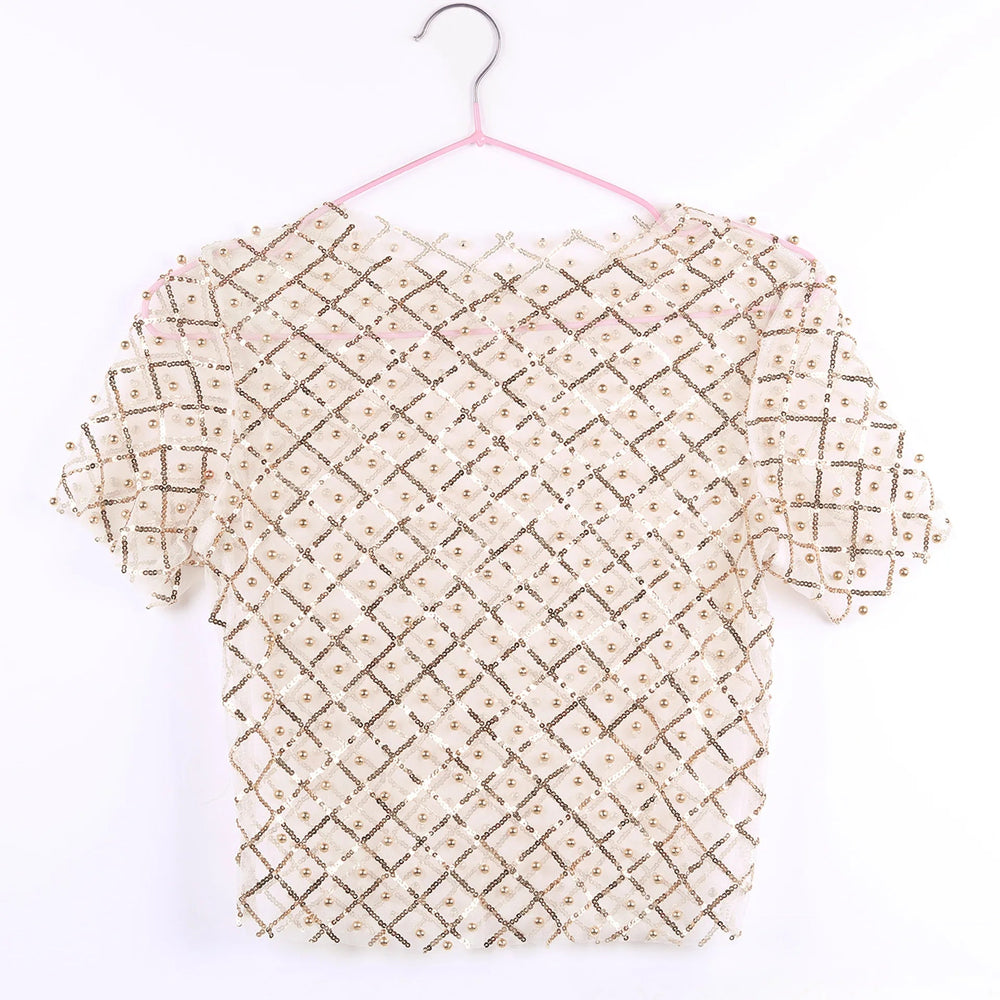 Sequins Glitter T-shirt See Through Sheer Mesh Short Sleeve Tops Transparent Sparkle Crop Tops Mssza