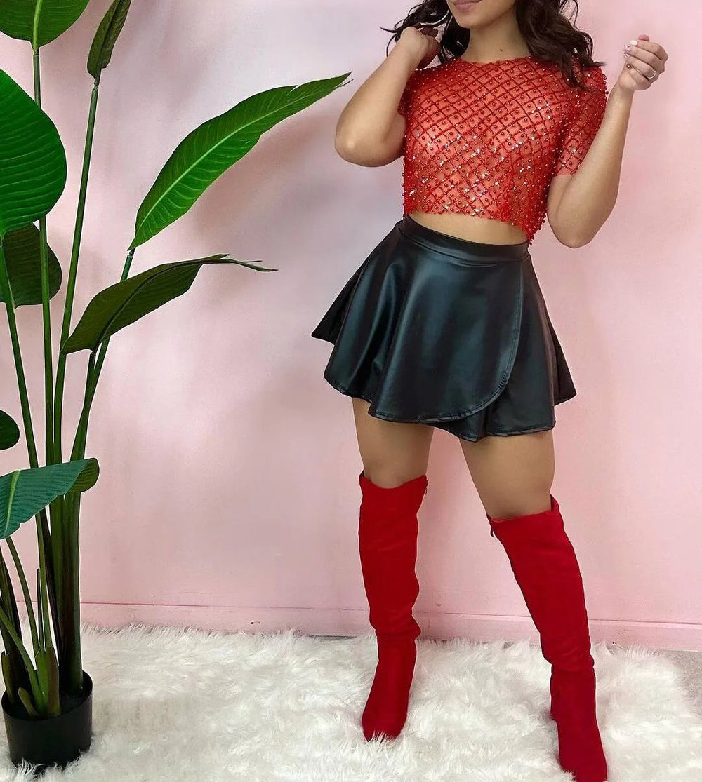 Sequins Glitter T-shirt See Through Sheer Mesh Short Sleeve Tops Transparent Sparkle Crop Tops Mssza