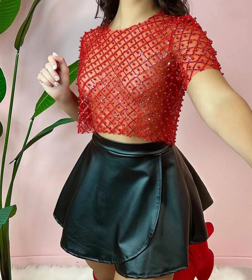 Sequins Glitter T-shirt See Through Sheer Mesh Short Sleeve Tops Transparent Sparkle Crop Tops Mssza