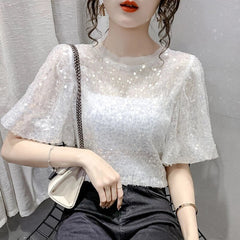 Sequins Lantern Sleeve Creative Blouses Mssza
