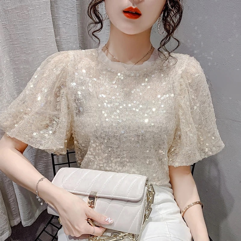 Sequins Lantern Sleeve Creative Blouses Mssza