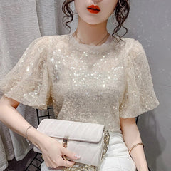Sequins Lantern Sleeve Creative Blouses Mssza