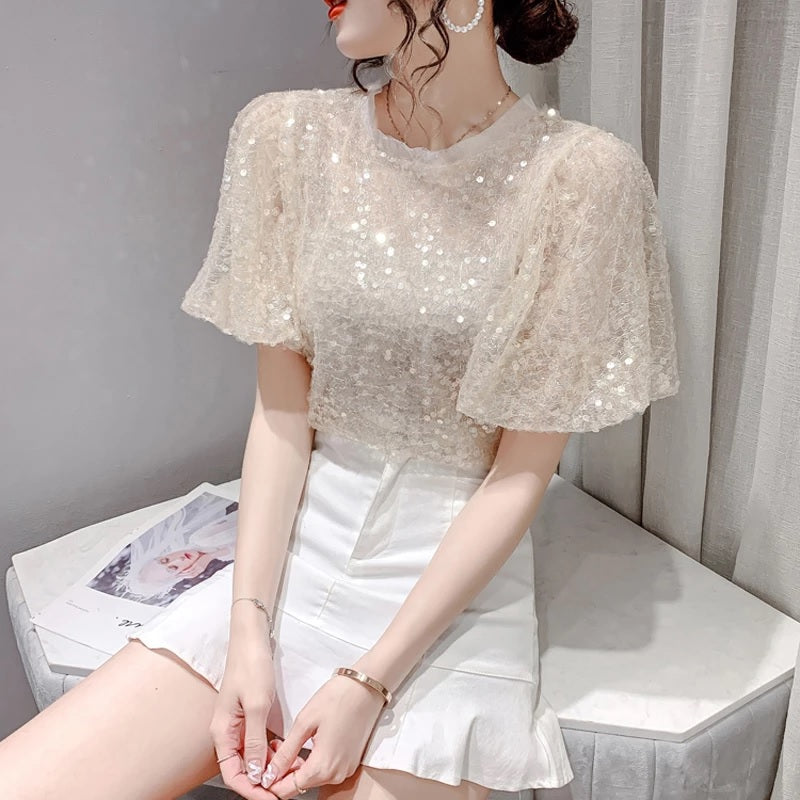 Sequins Lantern Sleeve Creative Blouses Mssza