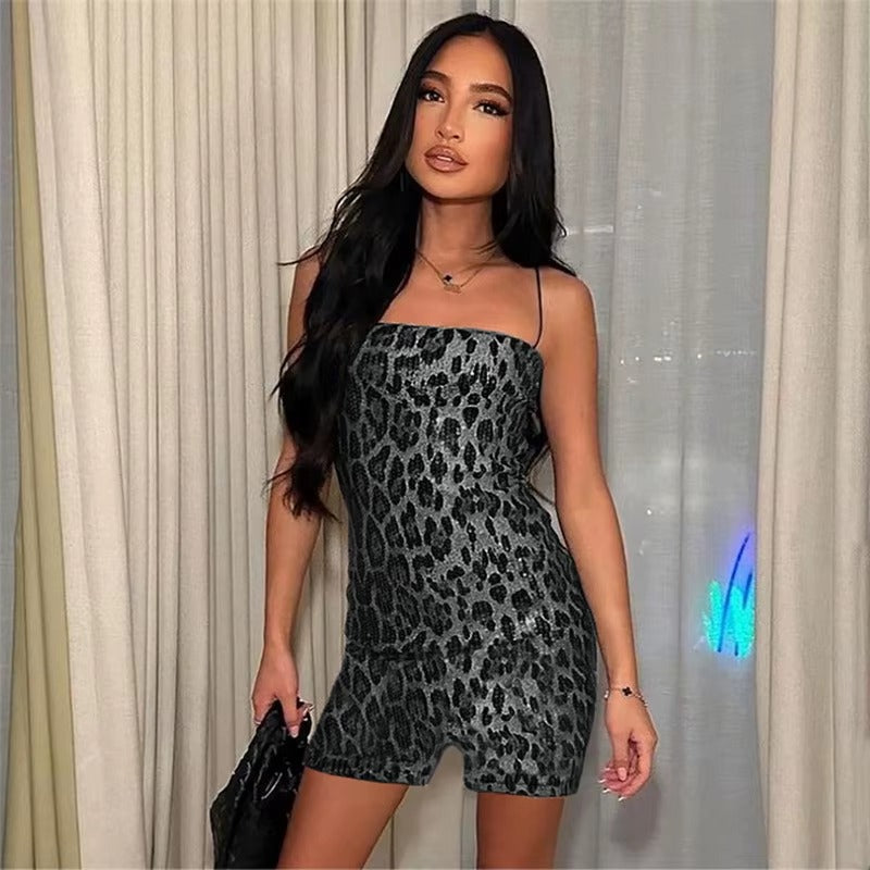 Sequins Leopard Print Spaghetti Strap Backless Skinny Midnight Clubwear Jumpsuit Mssza