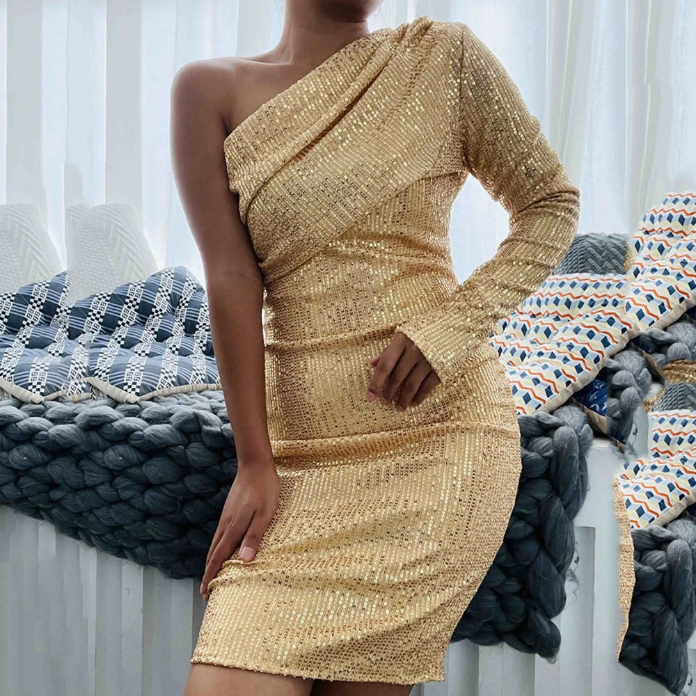 Shiny Short Long Sleeve Loose Club Party Elegant One Shoulder Wrap Chest Evening For Dress Mssaz Desses