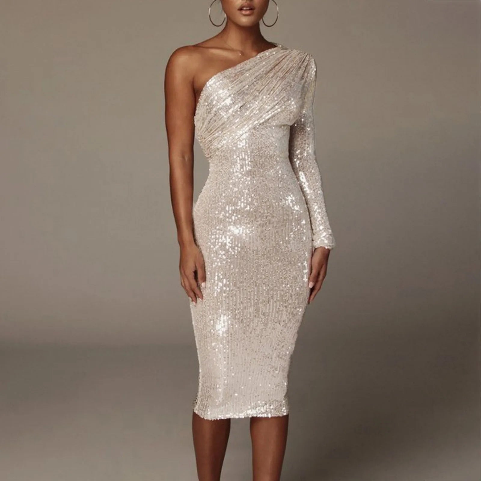 Shiny Short Long Sleeve Loose Club Party Elegant One Shoulder Wrap Chest Evening For Dress Mssaz Desses