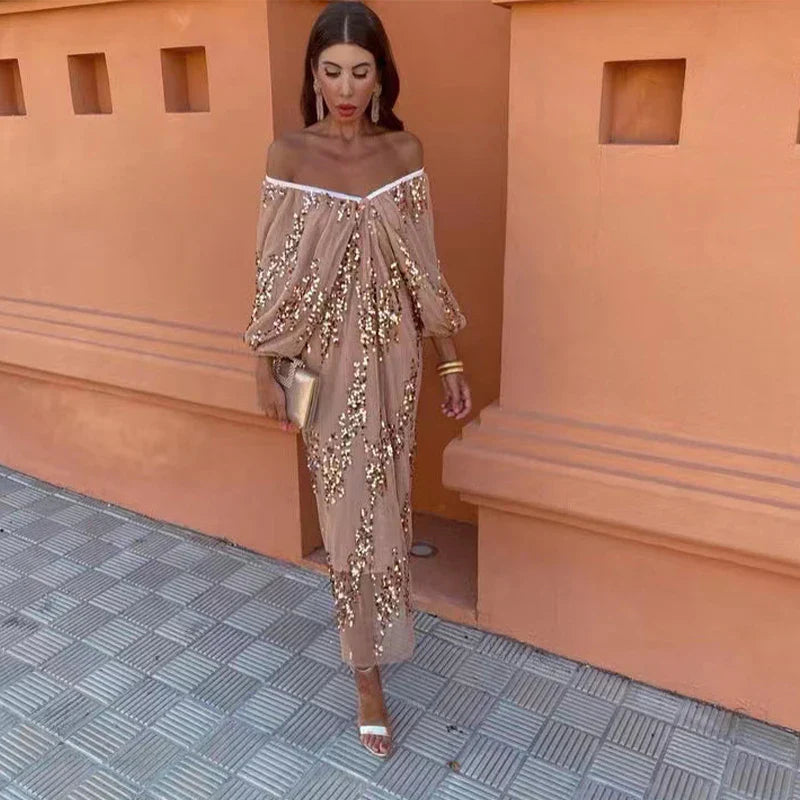 Sequins Strapless Pleated Slash Neck Lantern Sleeve  Spring Ladies New Evening Party Vestido Midi Dress Mssaz Desses