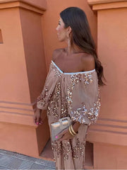 Sequins Strapless Pleated Slash Neck Lantern Sleeve  Spring Ladies New Evening Party Vestido Midi Dress Mssaz Desses