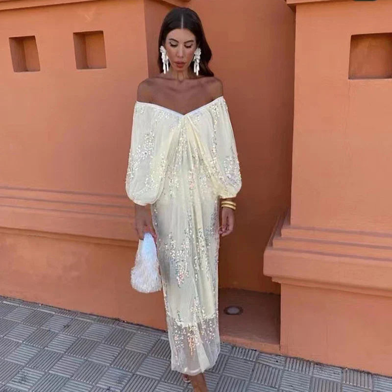 Sequins Strapless Pleated Slash Neck Lantern Sleeve  Spring Ladies New Evening Party Vestido Midi Dress Mssaz Desses