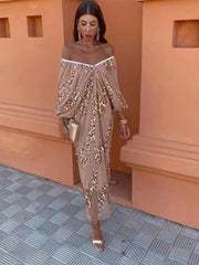 Sequins Strapless Pleated Slash Neck Lantern Sleeve  Spring Ladies New Evening Party Vestido Midi Dress Mssaz Desses