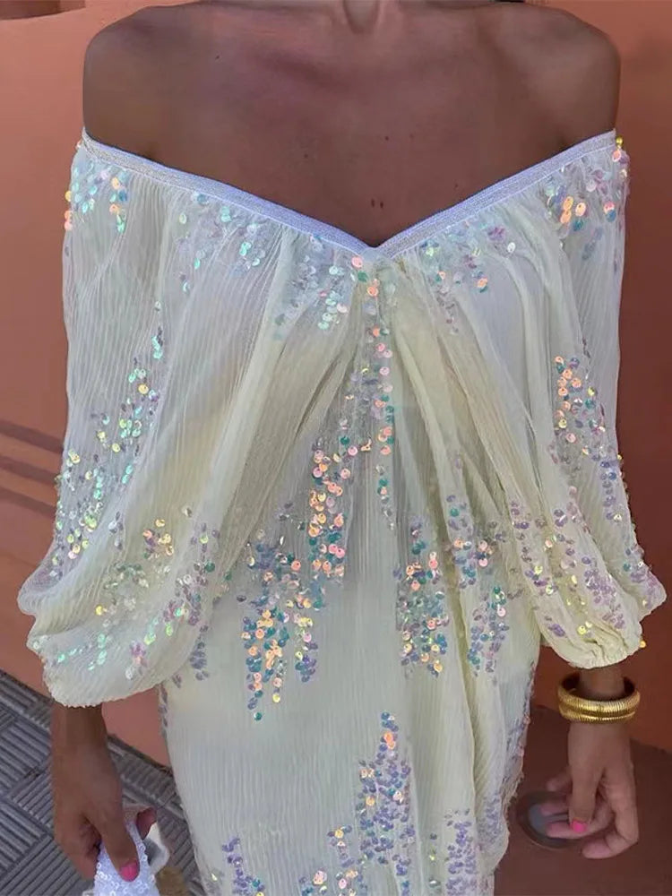 Sequins Strapless Pleated Slash Neck Lantern Sleeve  Spring Ladies New Evening Party Vestido Midi Dress Mssaz Desses
