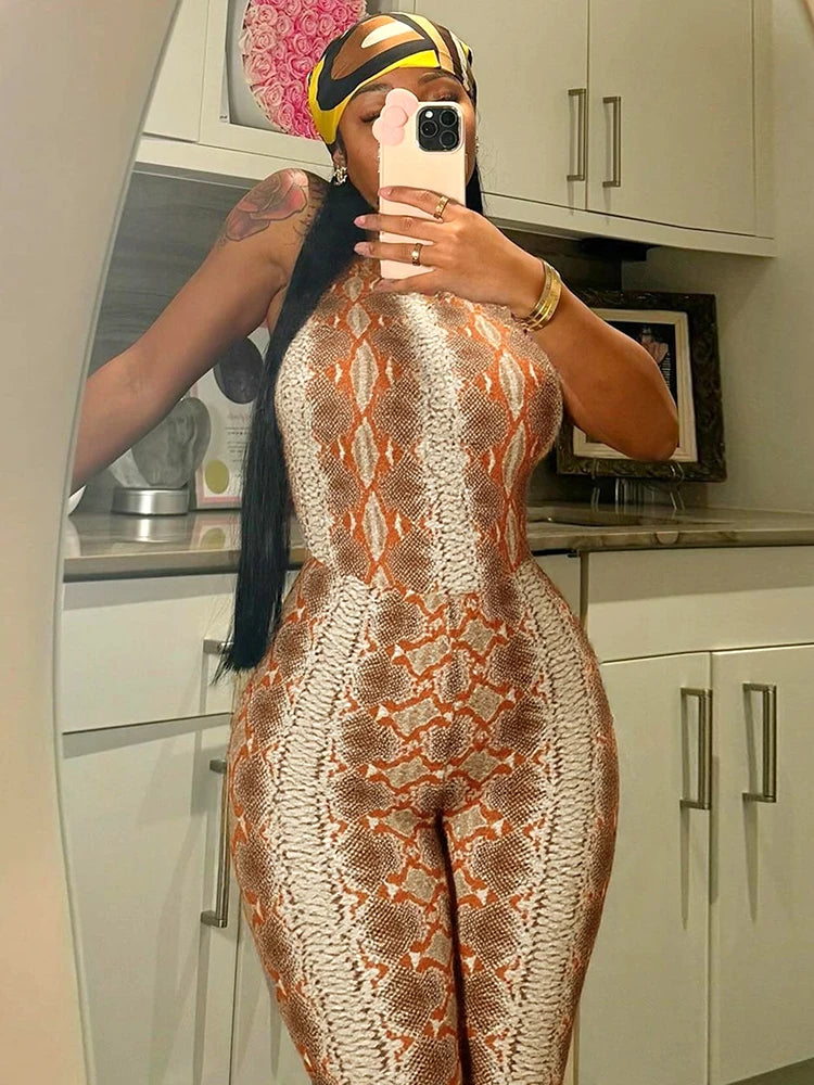 Serpentine Print Halter Backless Sleeveless Skinny Peach Hip Midnight Club Party Jumpsuits Mssza