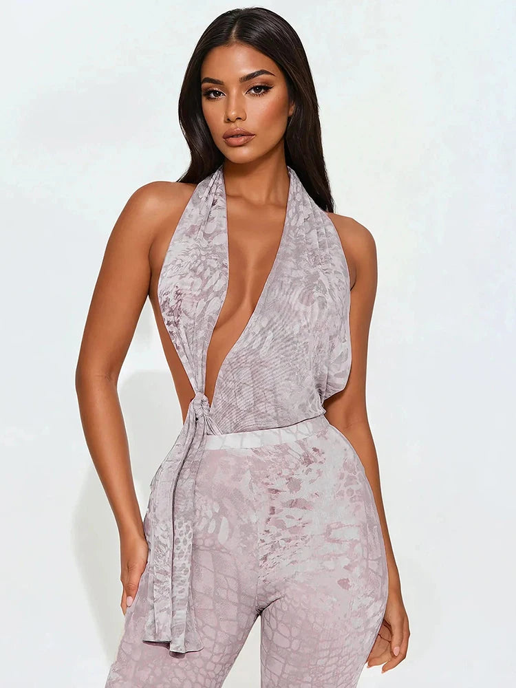Serpentine Print Hollow Halter Low-Neck Ruched Knot Backless Skinny Peach Buttocks Jumpsuits Mssza