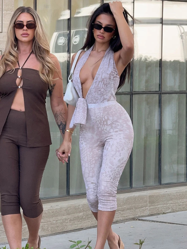 Serpentine Print Hollow Halter Low-Neck Ruched Knot Backless Skinny Peach Buttocks Jumpsuits Mssza