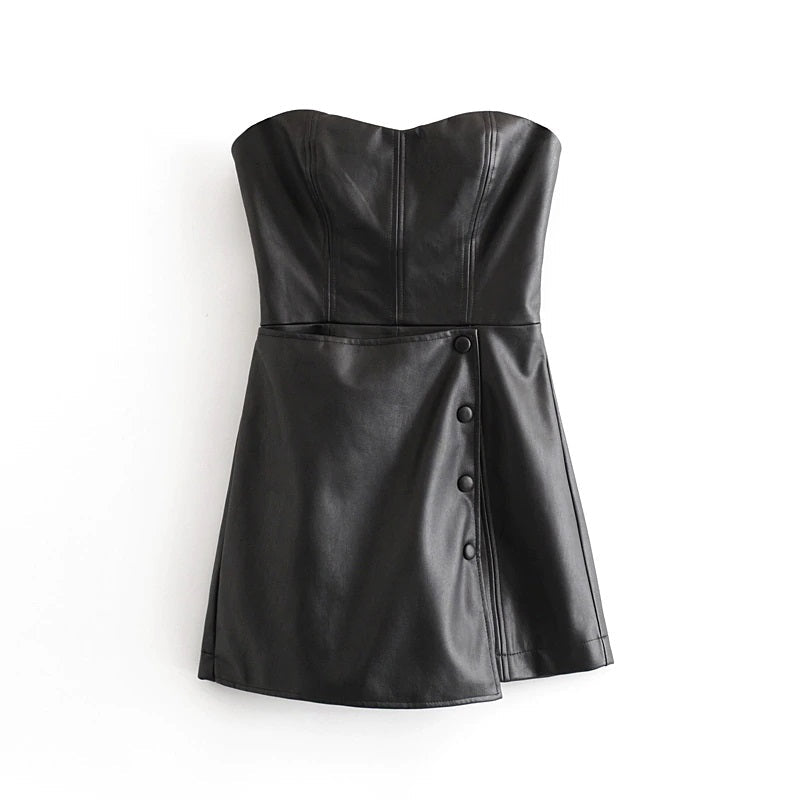 Backless Pu Leather Buttons Solid Skinny  Zipper Stylish Club Bodysuit Mssza