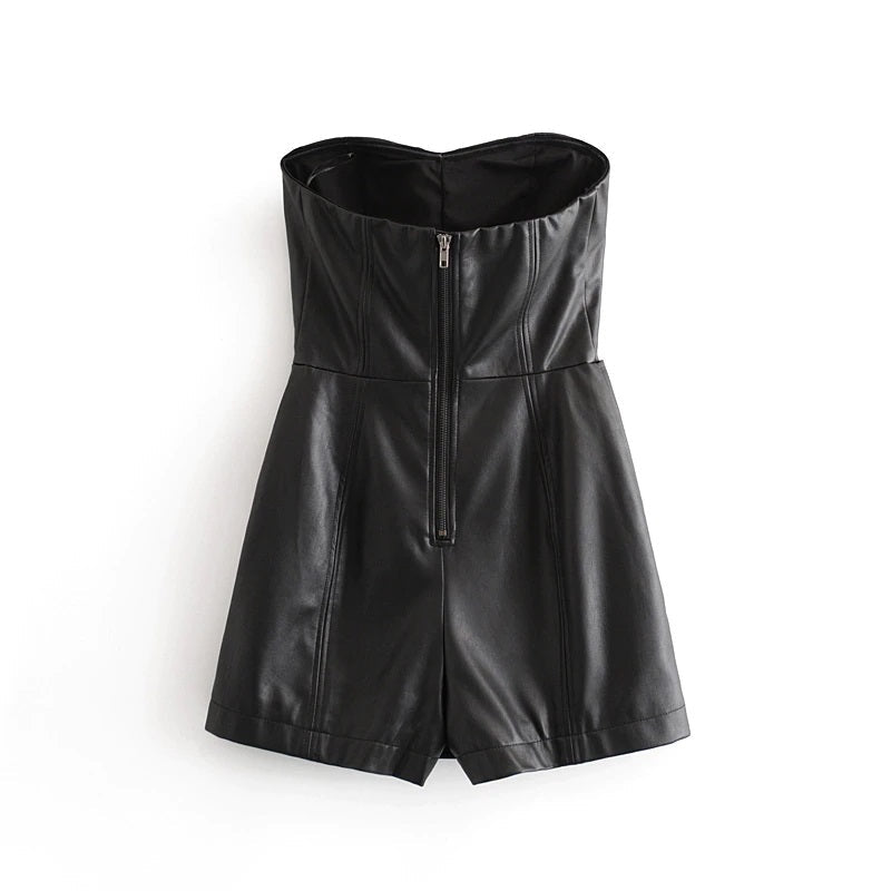 Backless Pu Leather Buttons Solid Skinny  Zipper Stylish Club Bodysuit Mssza