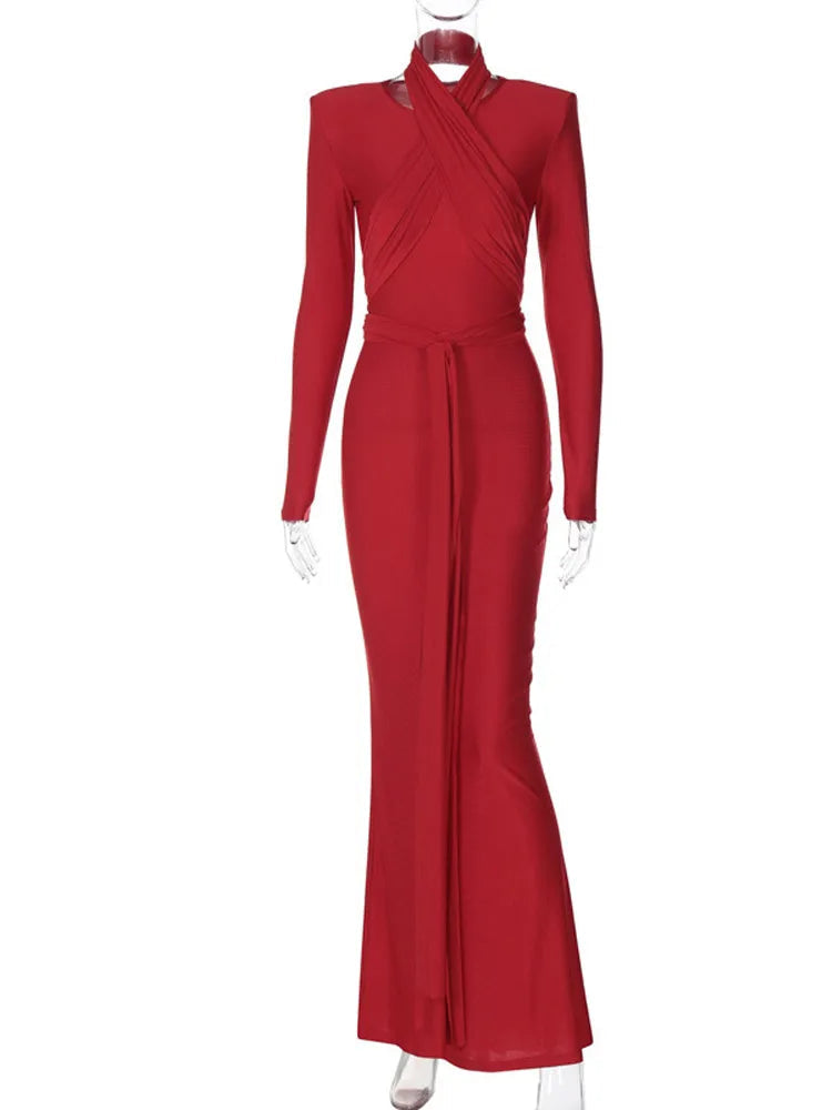Bandage Bodycon Halter Collar O-neck Long Sleeve Maxi Dress Mssaz Desses
