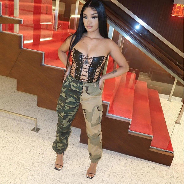 Bandage Drawstring Faux Leather Strapless Tank Tops Mssza