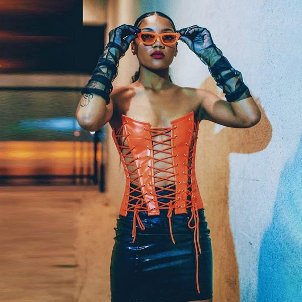 Bandage Drawstring Faux Leather Strapless Tank Tops Mssza