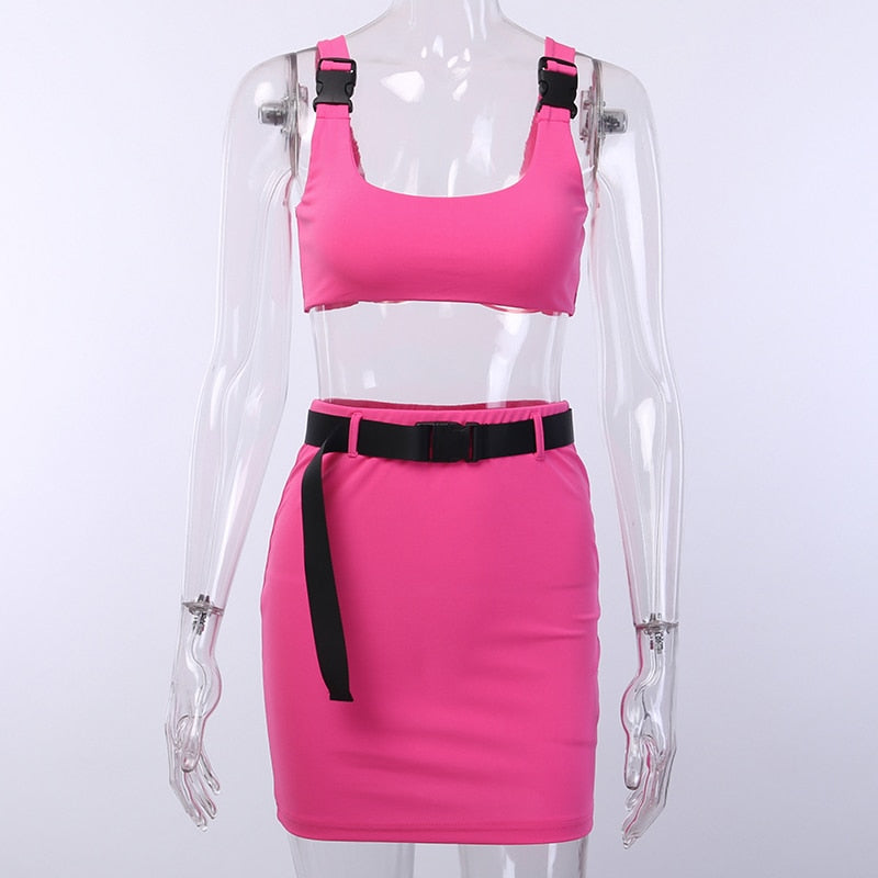 Buckle Bralette Tank And Skirt With Belt Mssza