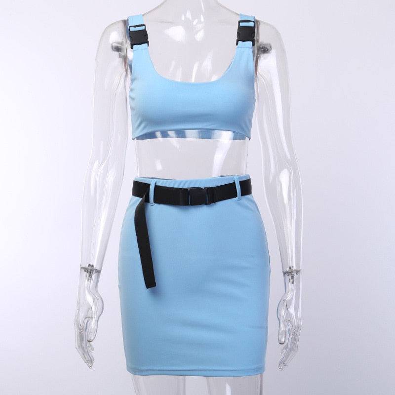 Buckle Bralette Tank And Skirt With Belt Mssza