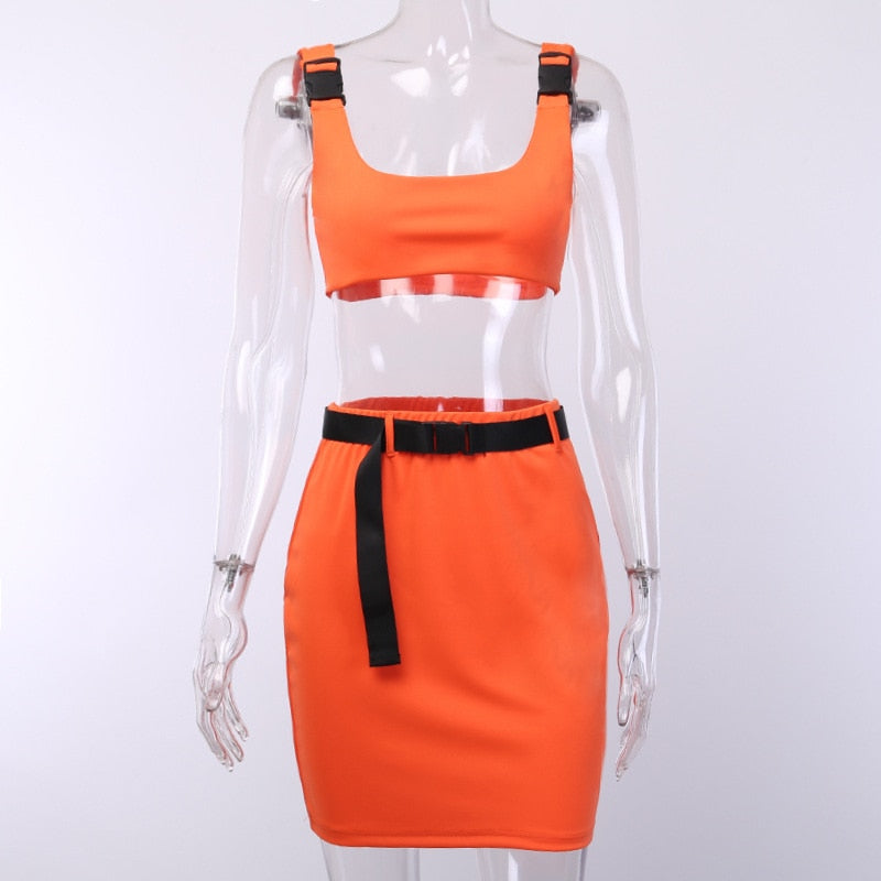 Buckle Bralette Tank And Skirt With Belt Mssza