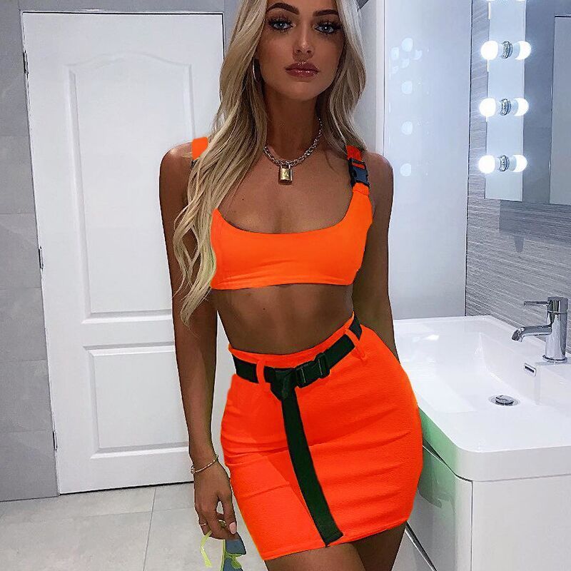 Buckle Bralette Tank And Skirt With Belt Mssza