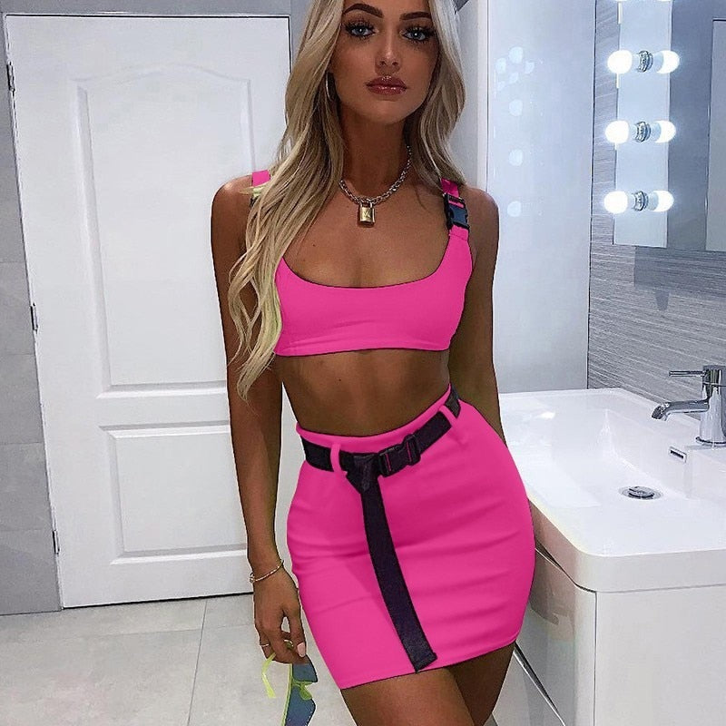 Buckle Bralette Tank And Skirt With Belt Mssza