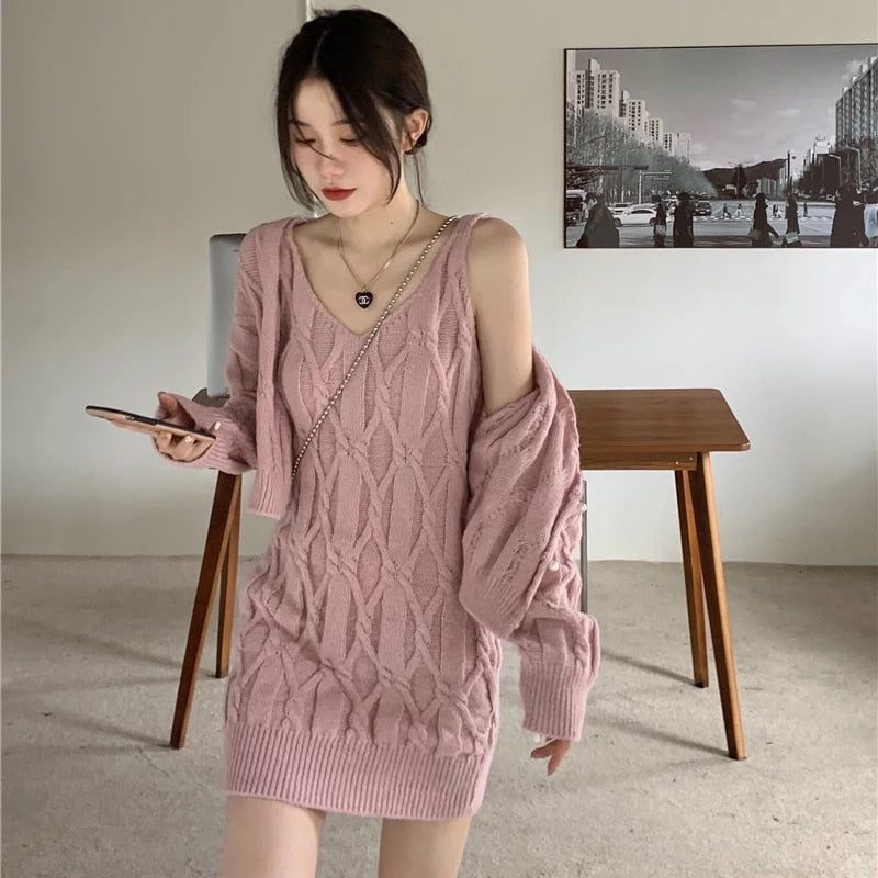 Chiffon Two-piece Sweater And  Soft Waxy Slim Sling Dress Set Mssza