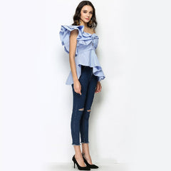 Clubwear Crop One Shoulder Ruffles Strapless Plaid Short Tops Mssza