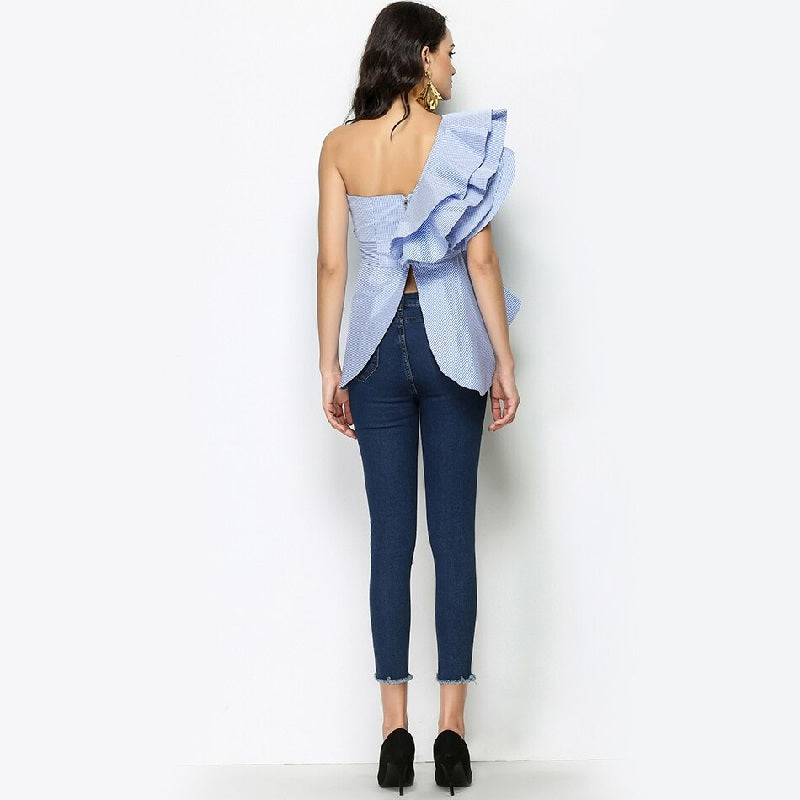 Clubwear Crop One Shoulder Ruffles Strapless Plaid Short Tops Mssza