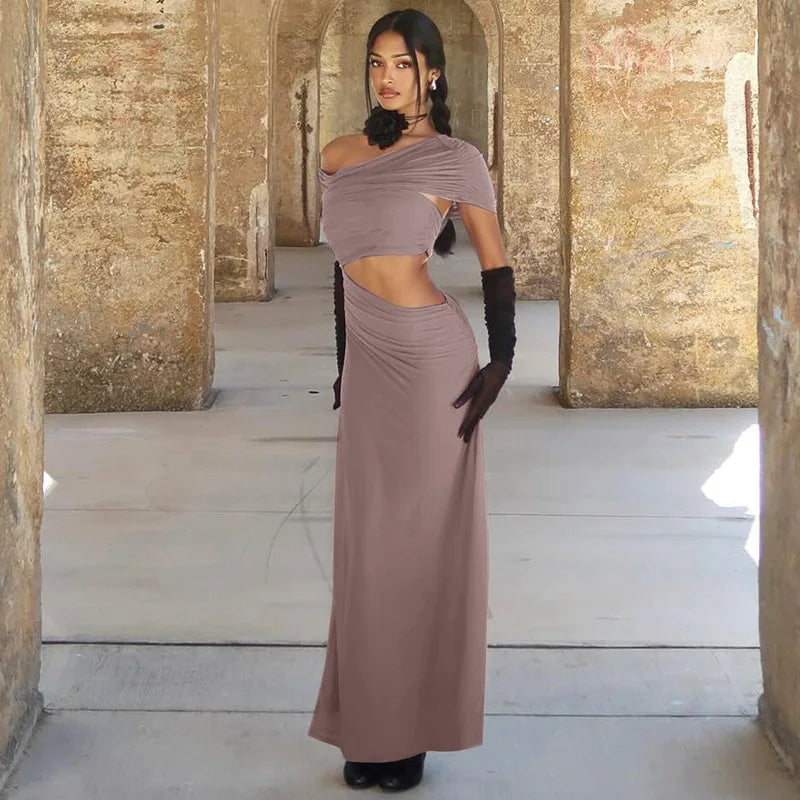 Cut Out Elegant Fashionable One Shoulder Short Sleeve Bodycon Stylish Maxi Dress Mssaz Desses
