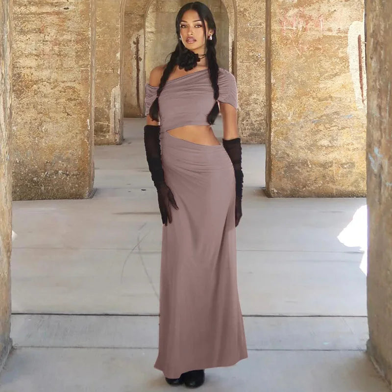 Cut Out Elegant Fashionable One Shoulder Short Sleeve Bodycon Stylish Maxi Dress Mssaz Desses