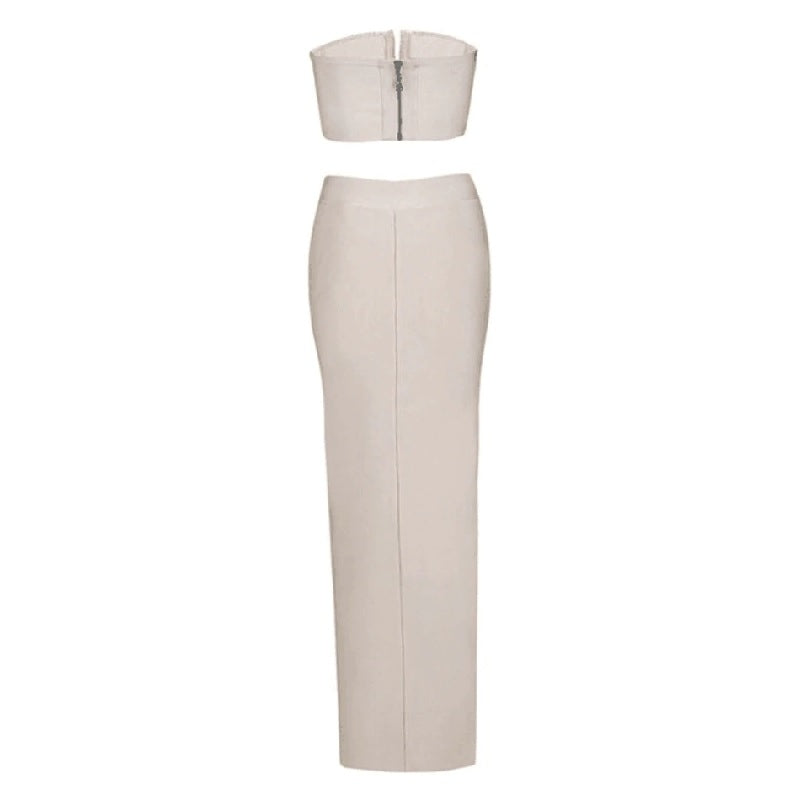 Deep V-Neck Crop Tops +Long Split Bodycon Dress 2Piece Set Mssza