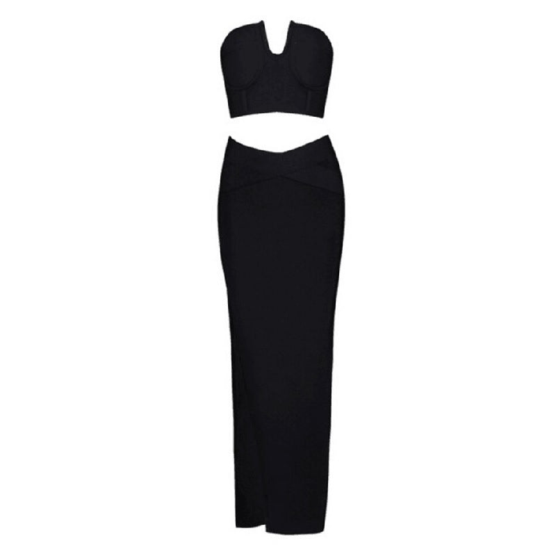 Deep V-Neck Crop Tops +Long Split Bodycon Dress 2Piece Set Mssza